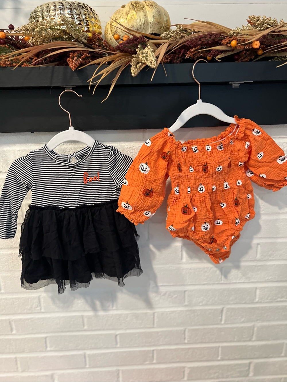 Halloween Bundle: Pumpkin Smocked Baby One-Piece and Boo Dress